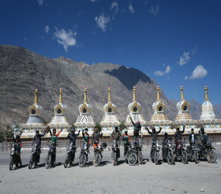Himalayan bikers near stupa, Nubra Valley
